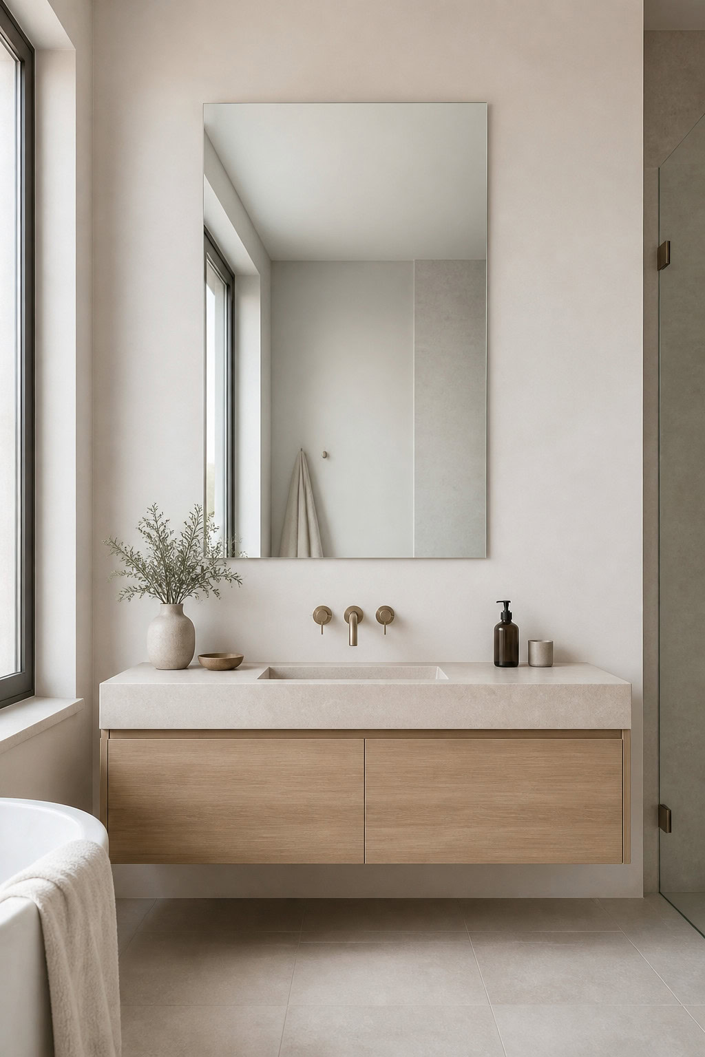 Modern minimalist frameless mirror in a neutral bathroom