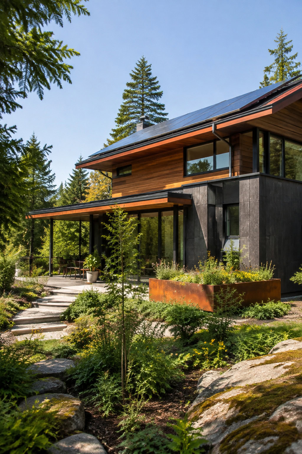 Sustainable house exterior with reclaimed timber and natural stone