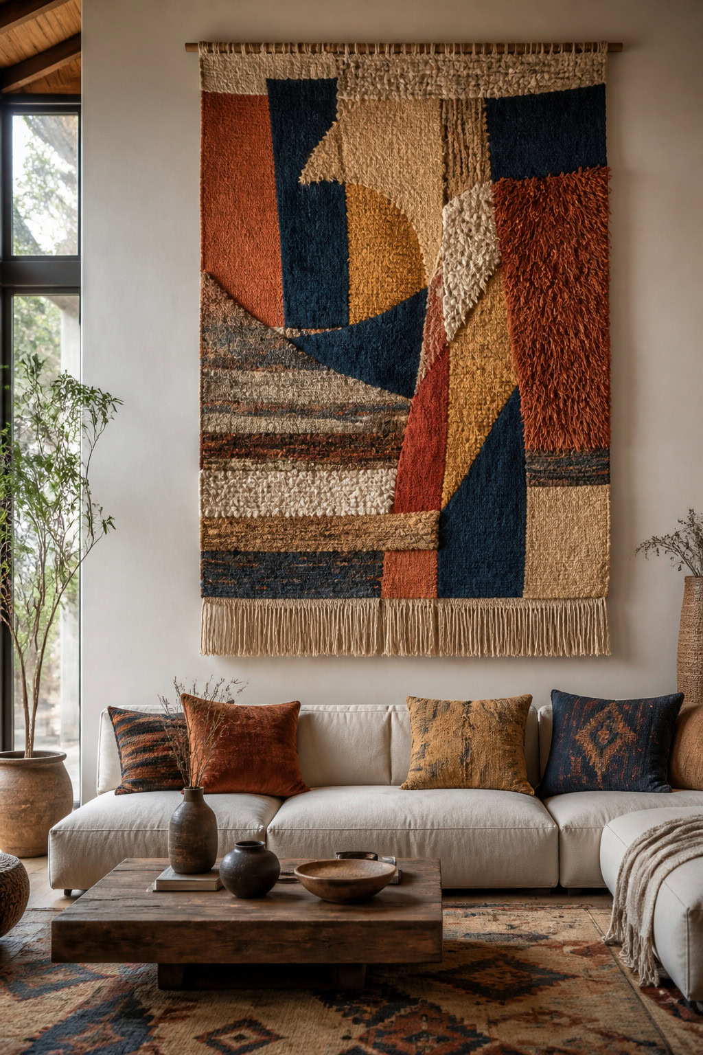 Statement woven tapestry on a living room wall
