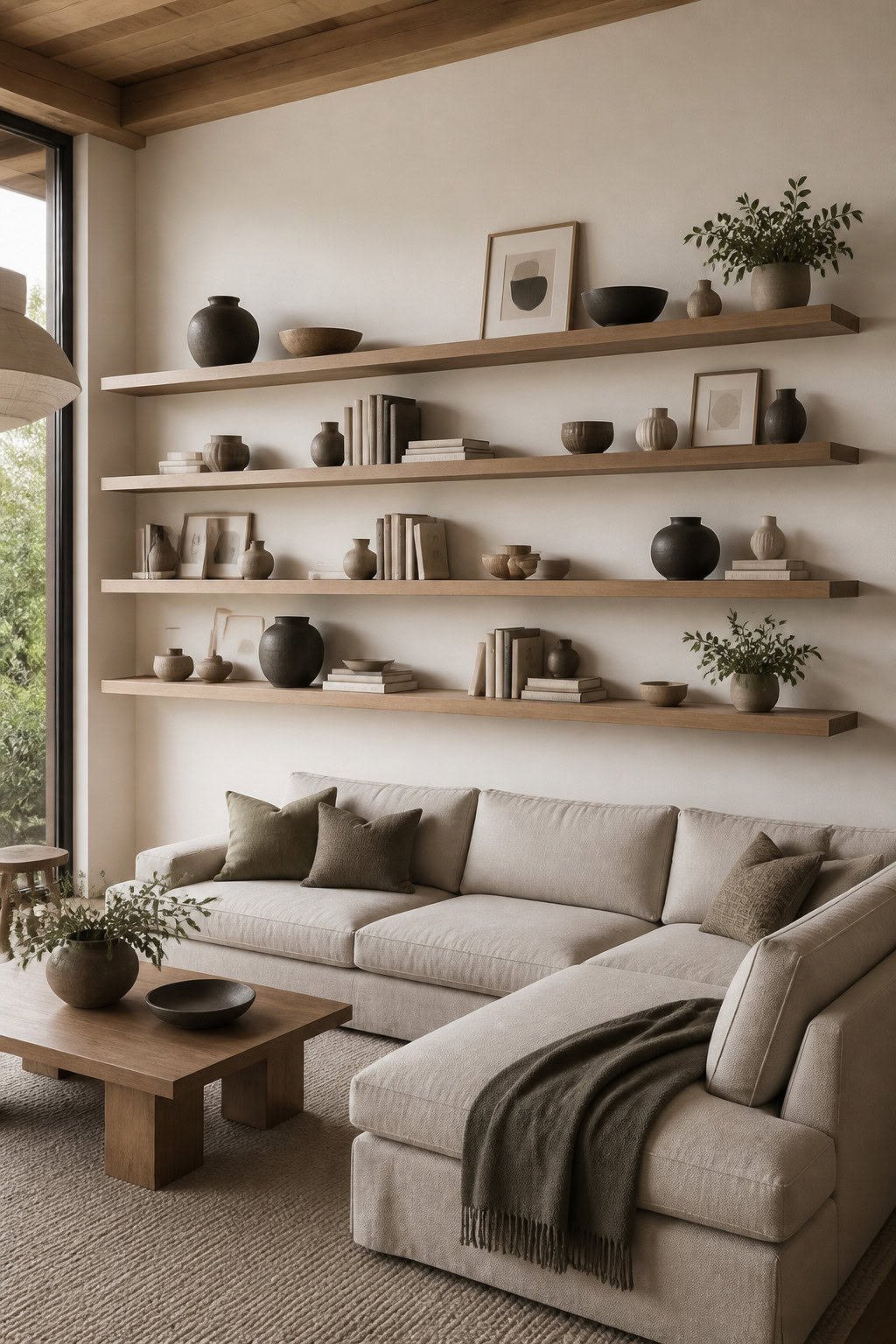 Floating shelves styled with books and decor