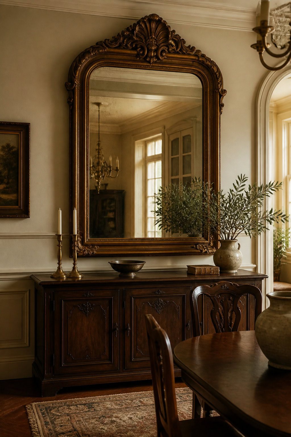 Antique-inspired ornate mirror above a dining room console