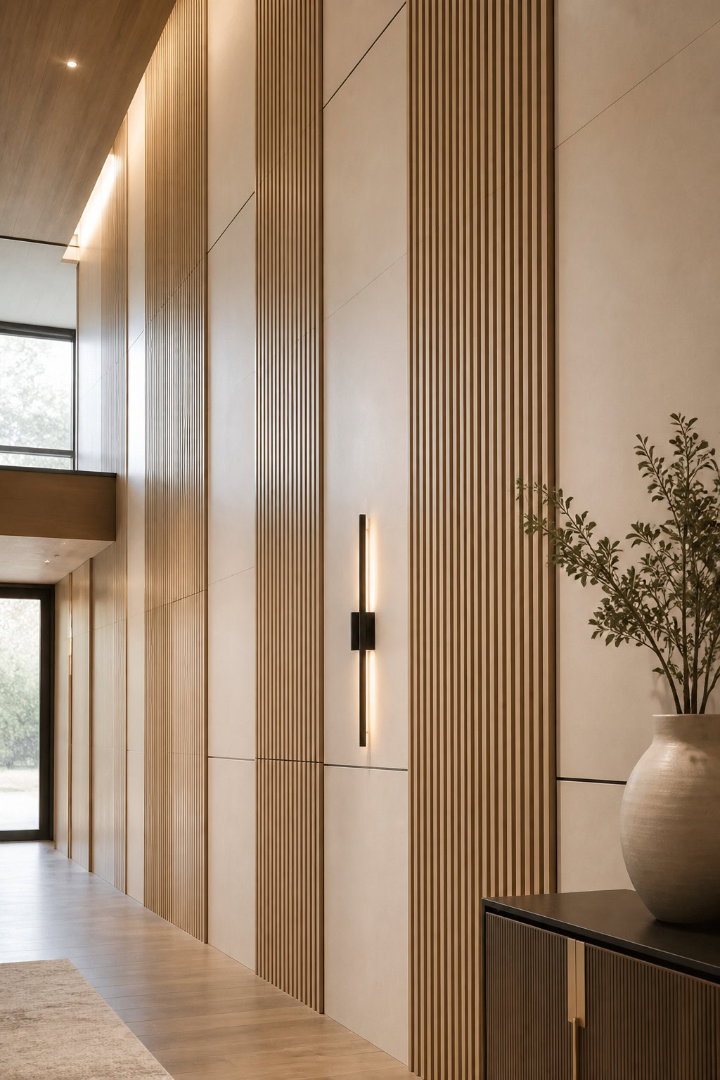 Architectural wall panels on a high ceiling wall