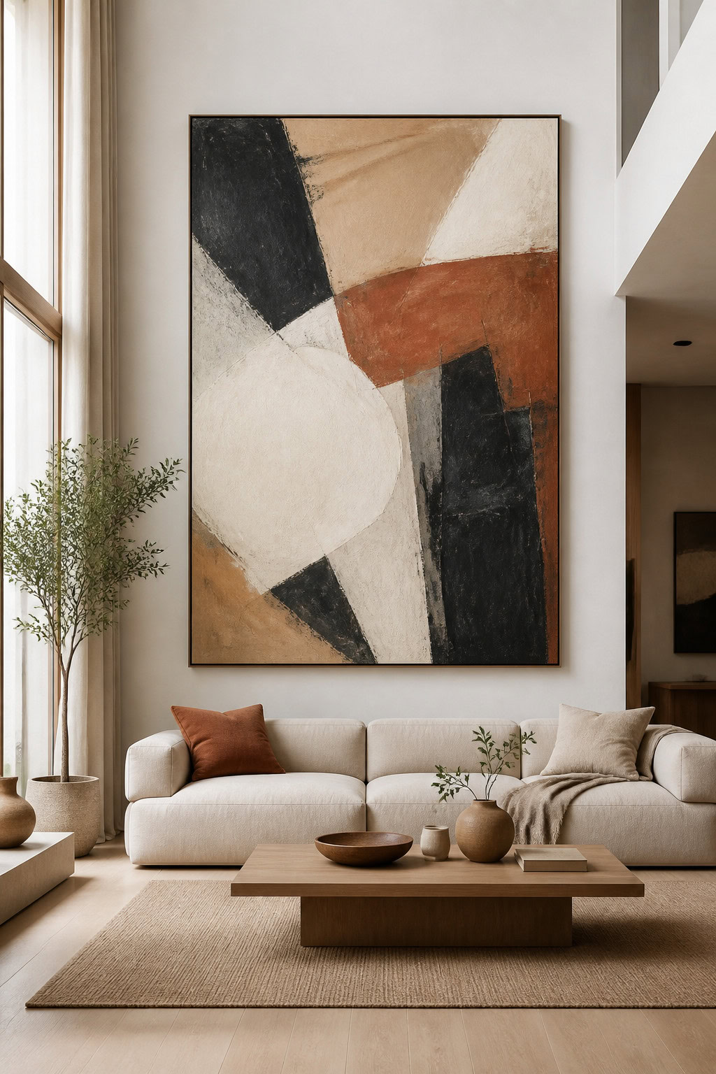 Oversized abstract art in a spacious living room