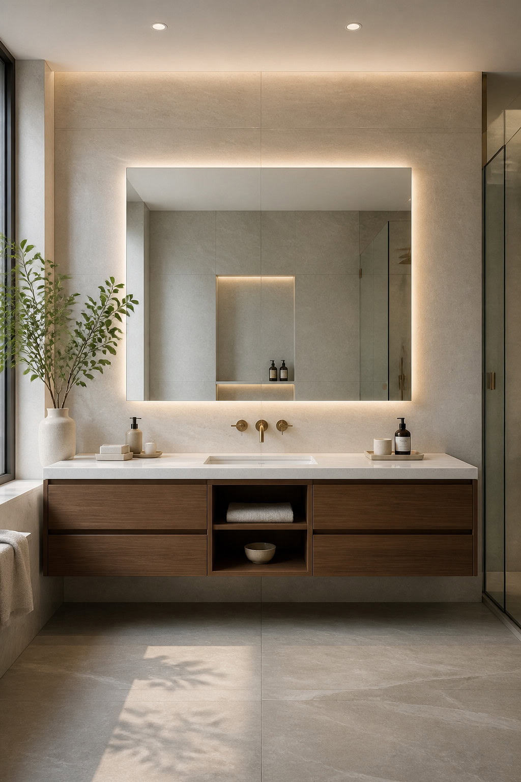 Frameless LED mirror above a modern bathroom vanity