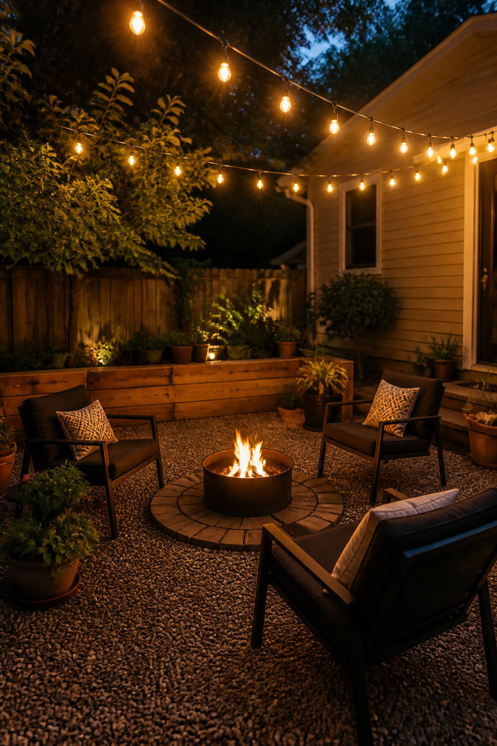 Outdoor string lights over a cozy backyard patio at dusk