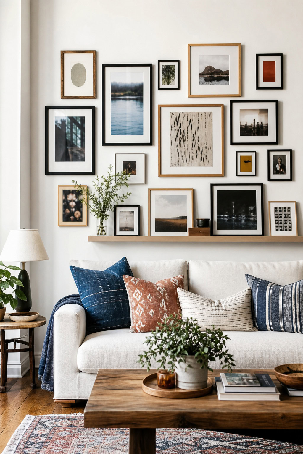 Dynamic gallery wall arrangement in a living room