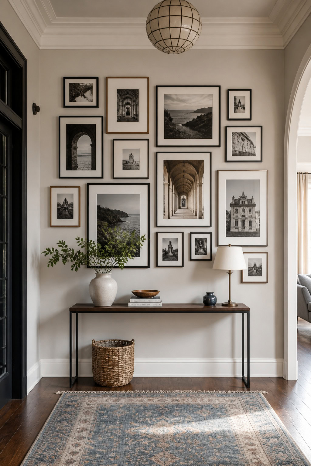 Creative photo collage wall in a hallway