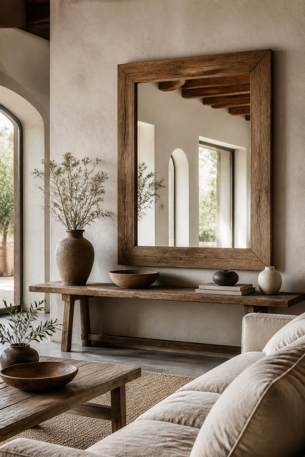 Rustic wooden-framed mirror in a spacious living room