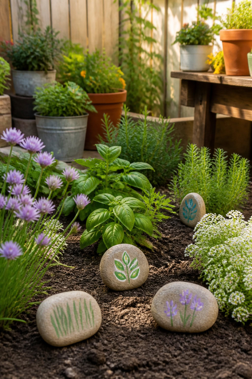 Painted rock garden markers among backyard flowers and herbs