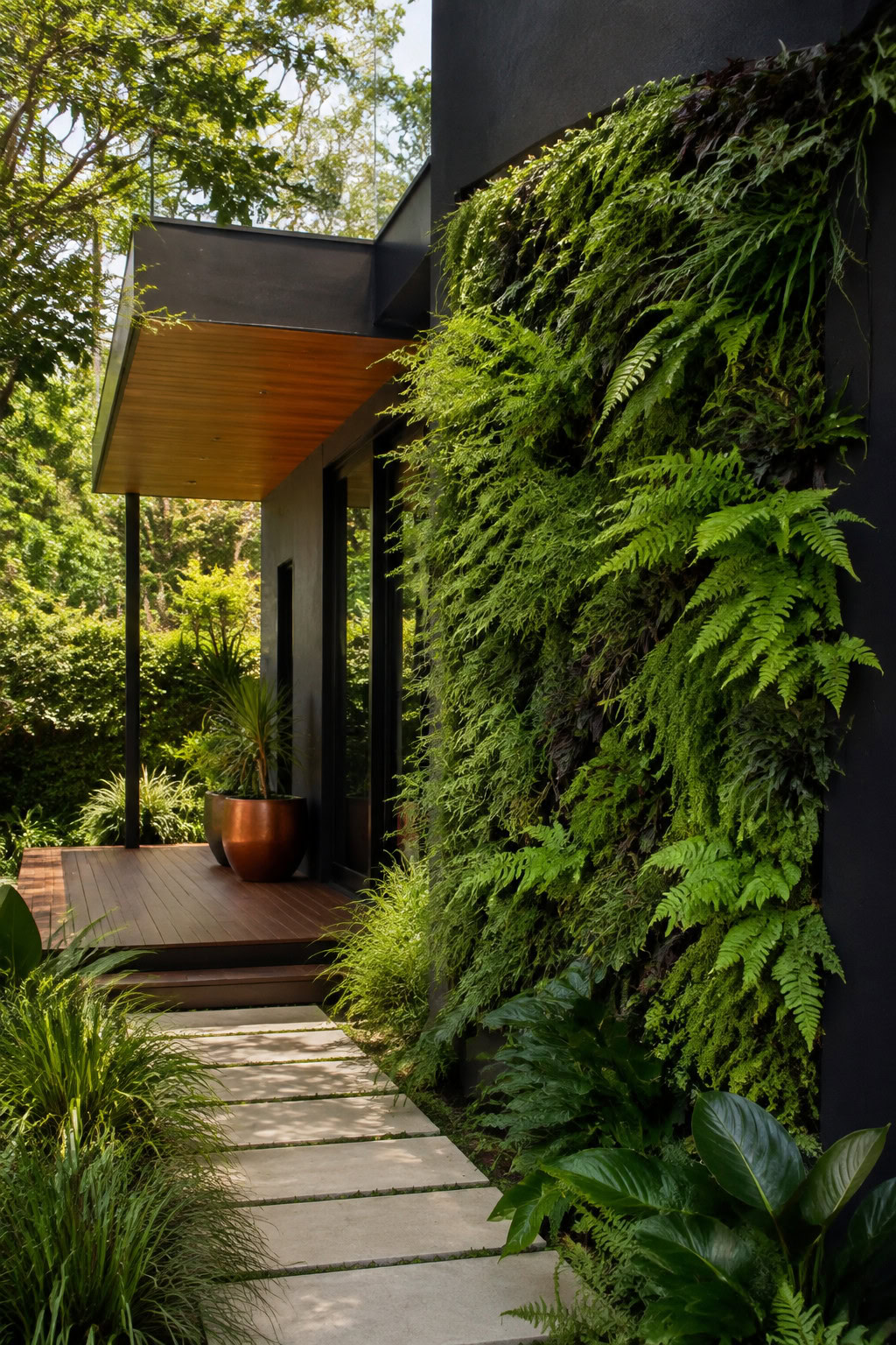 Lush vertical garden on a contemporary house facade