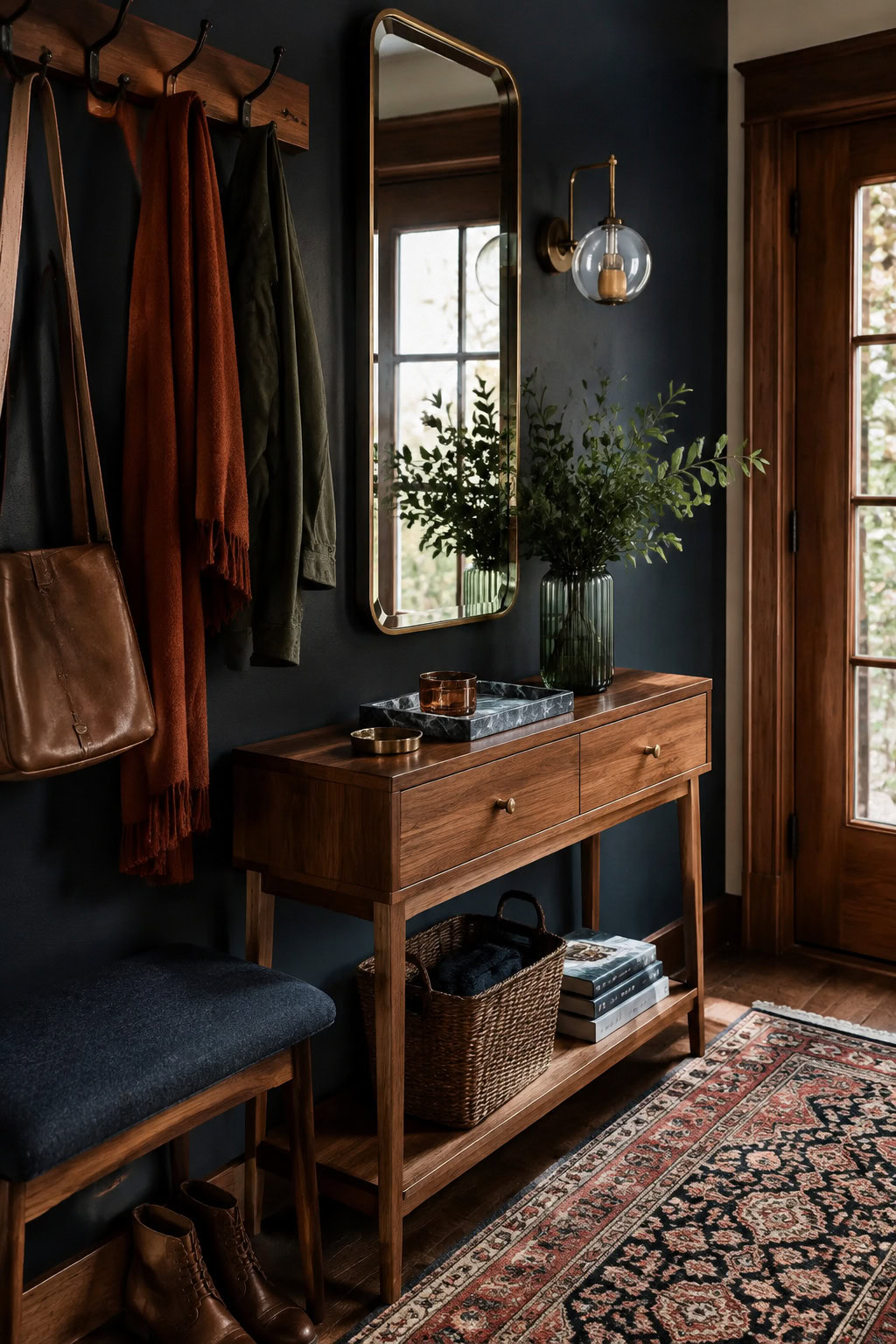 Multi-functional narrow console with drawers, shelf, and hooks