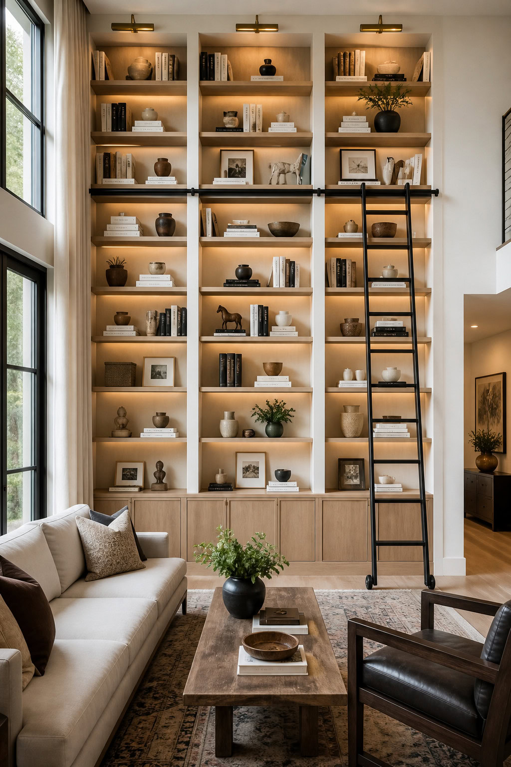 Floor-to-ceiling shelving with books and decor