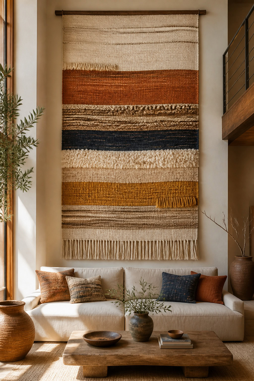Handmade fabric tapestry on a living room wall