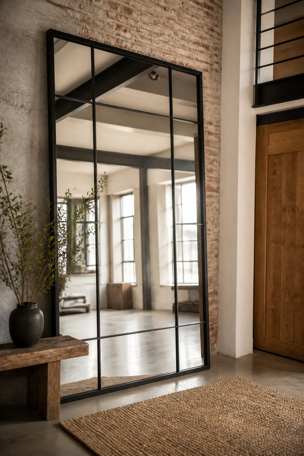 Industrial black metal frame mirror in a loft interior