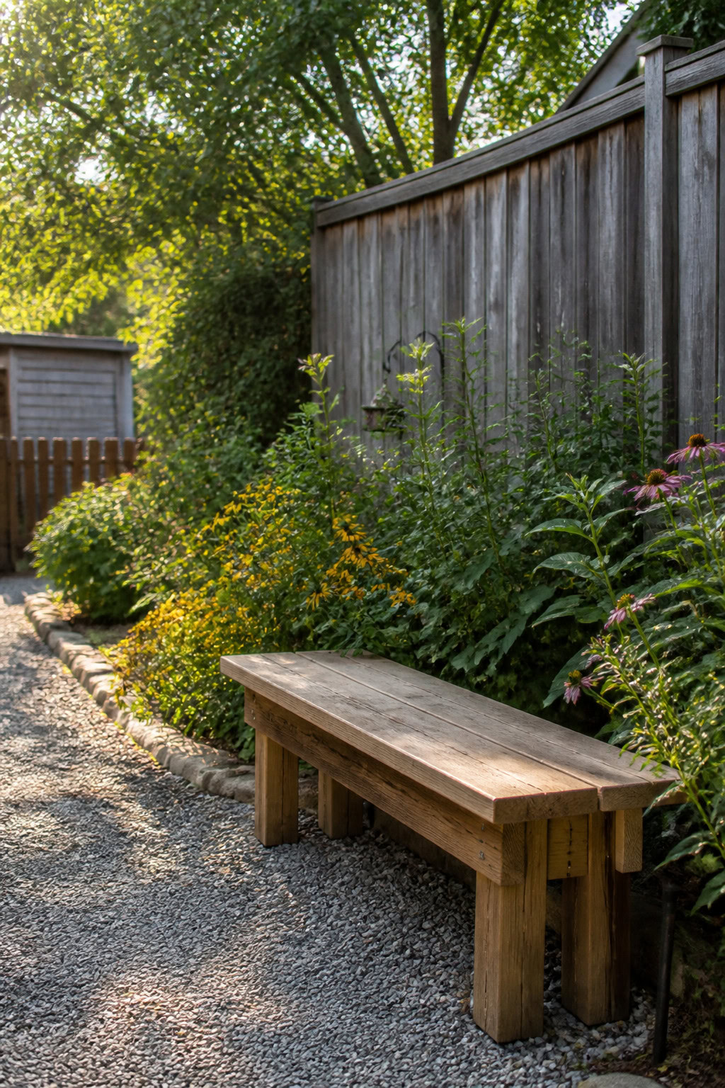 Budget-friendly reclaimed wood garden bench beside a flower bed