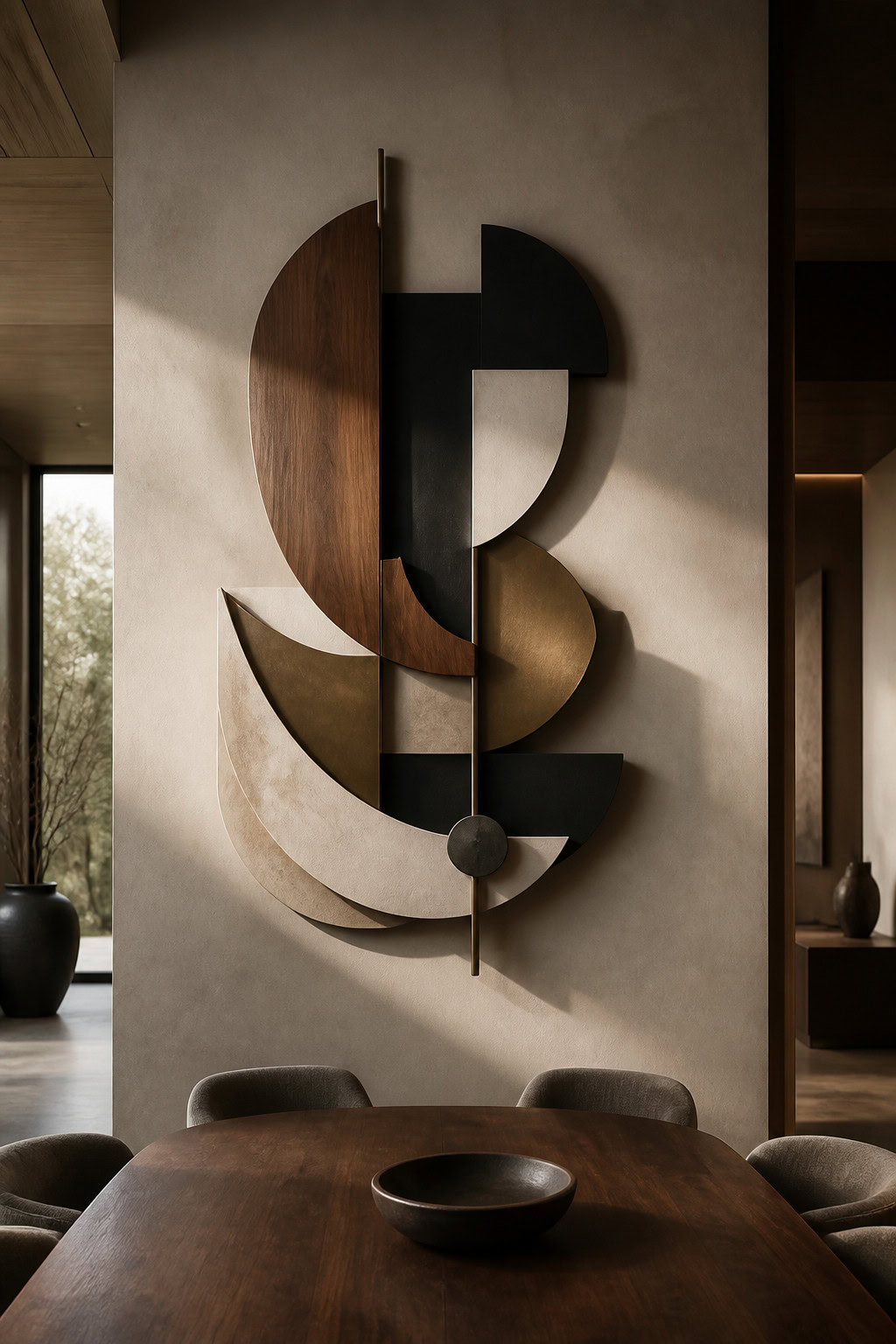 Geometric wall sculpture in a contemporary dining room