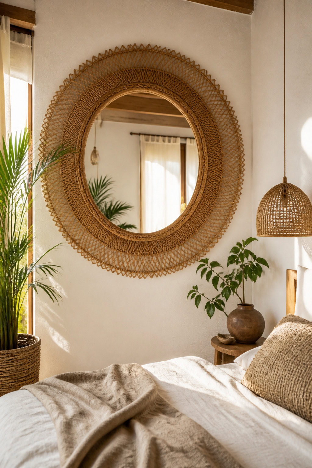 Bohemian rattan mirror in a bright bedroom