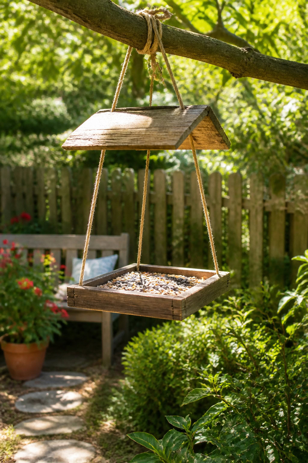 Homemade wooden bird feeder in a leafy backyard garden