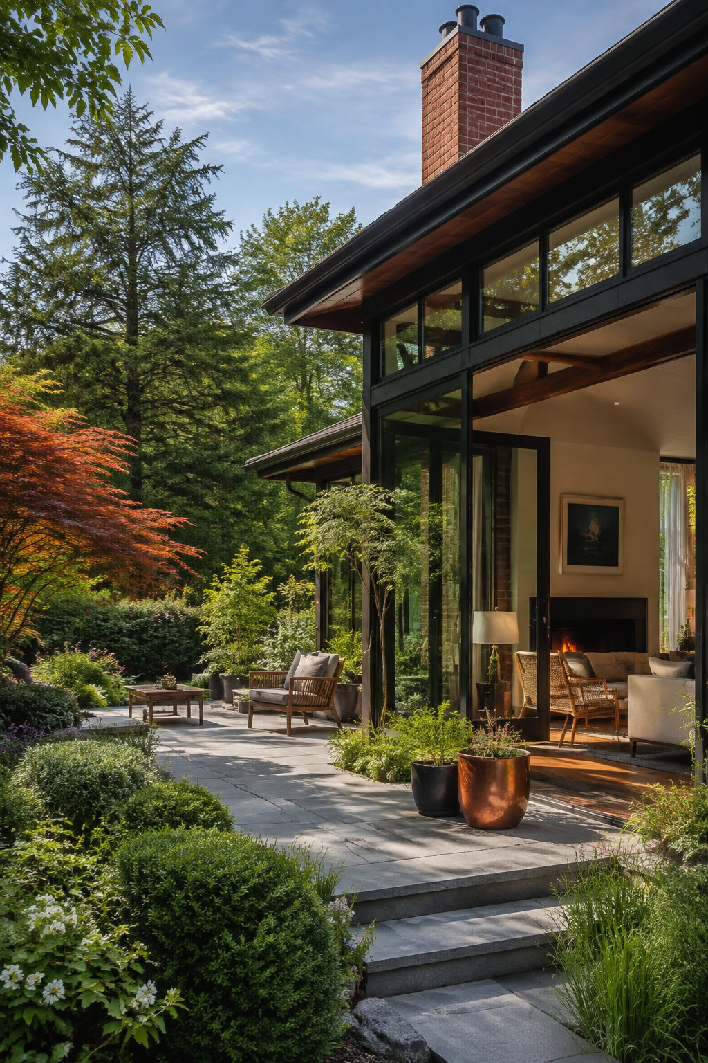 Modern home with large black-framed windows opening to a garden