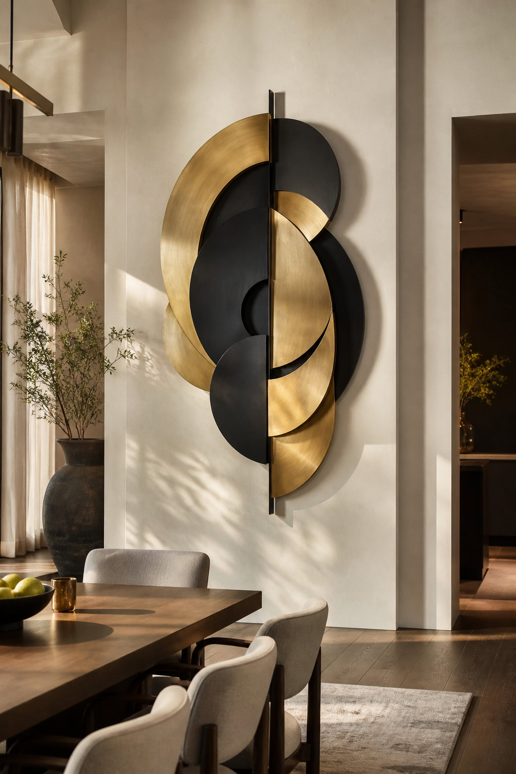 Layered metal wall sculpture in a dining room