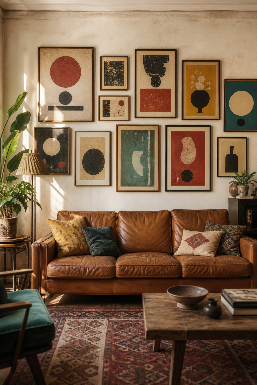 Vintage poster collection in an eclectic living room