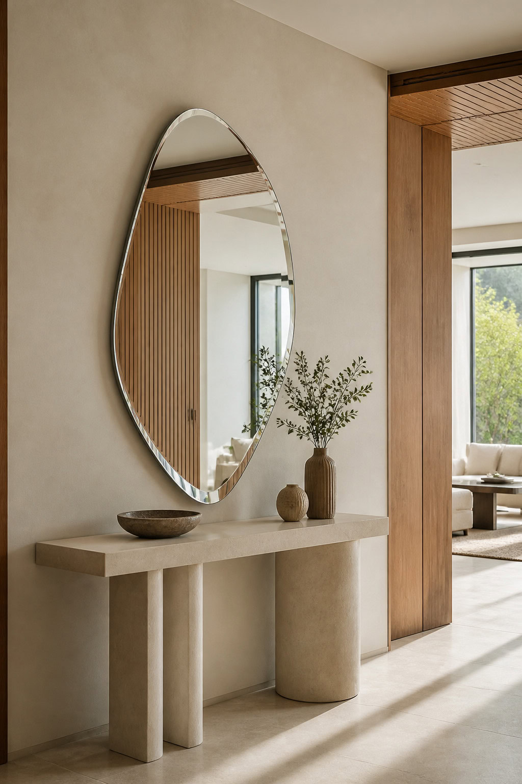 Geometric shaped mirror in a contemporary hallway