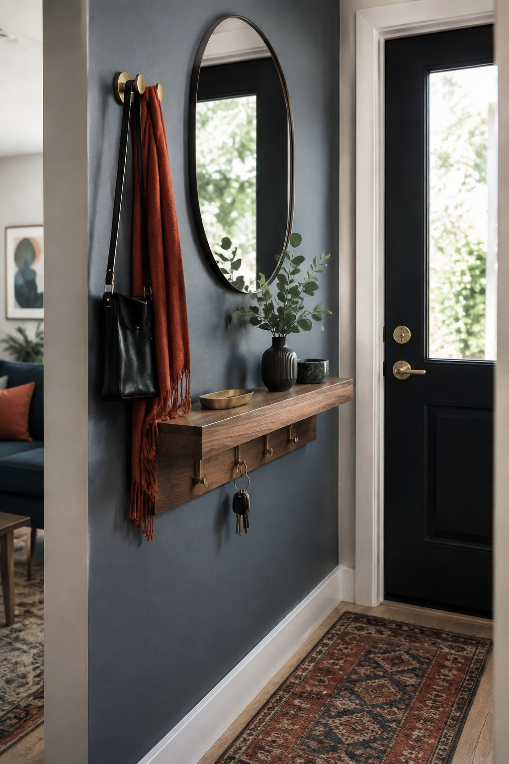Space-saving wall-mounted walnut console in a small entryway