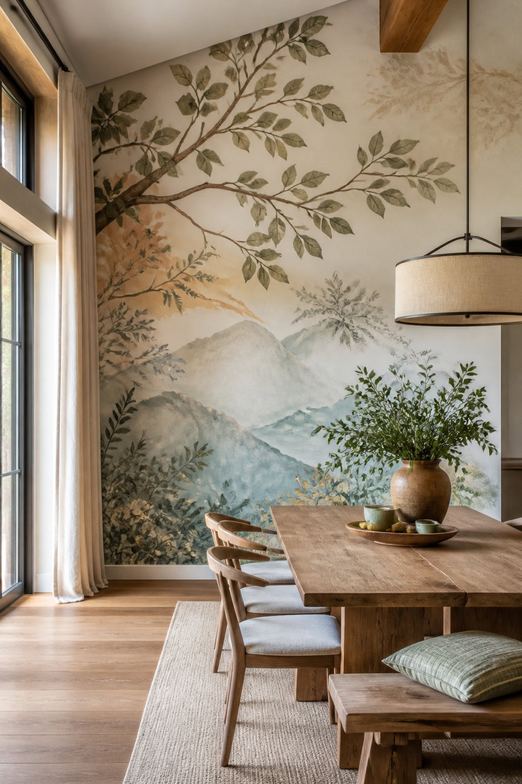 Nature-inspired mural on a dining room feature wall
