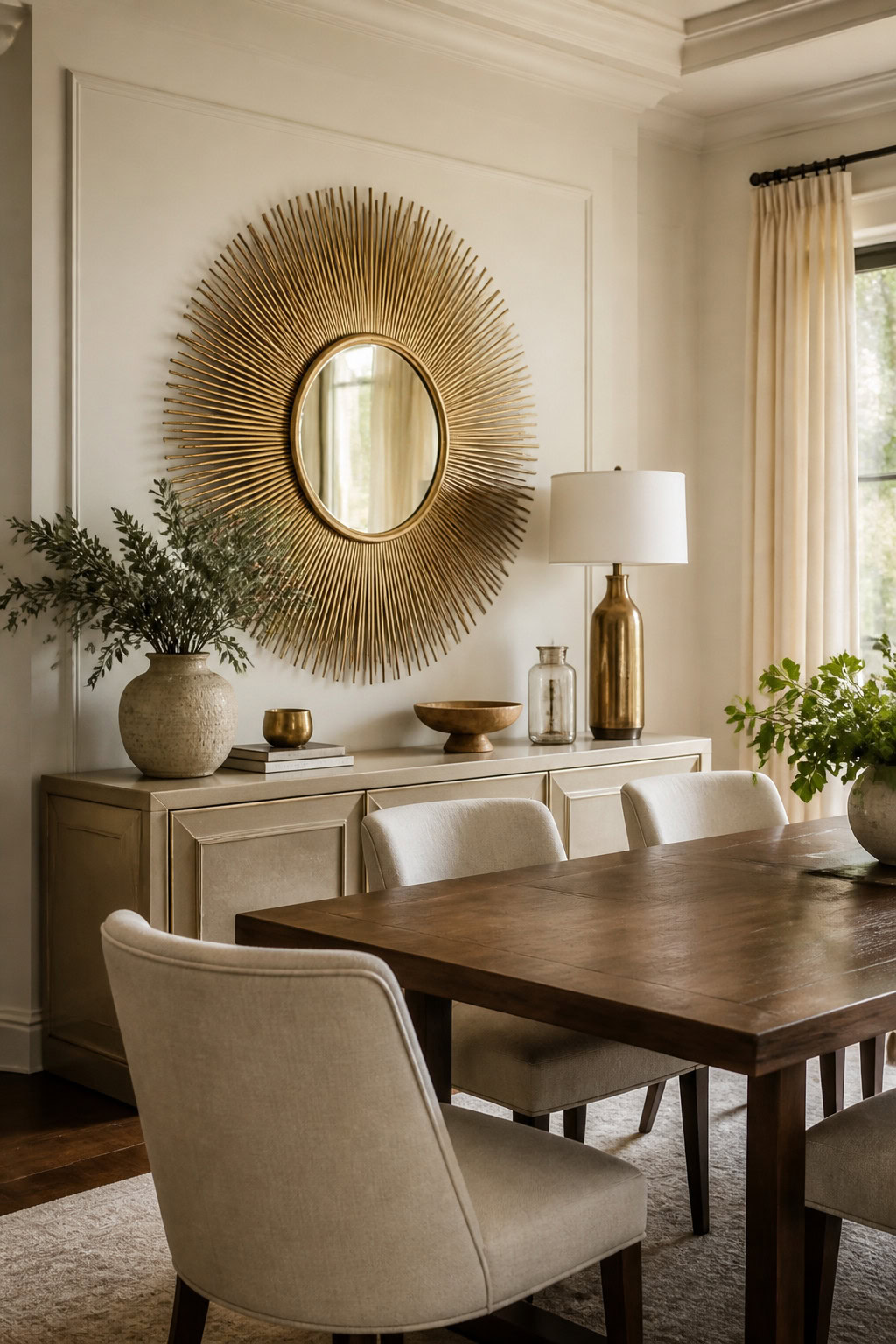 Sunburst mirror with brass rays in a dining room