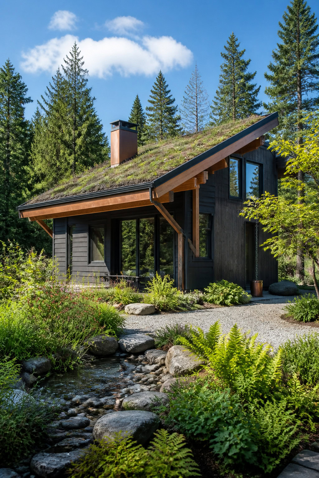 Eco-friendly house with a living green roof