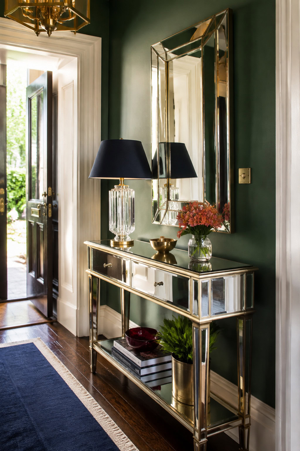 Mirrored glam narrow console with brass trim