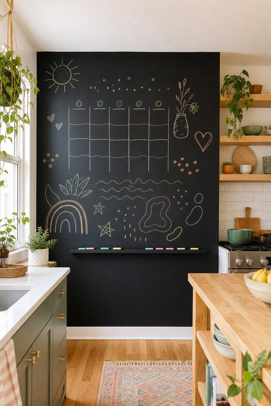 Interactive chalkboard wall in a family kitchen