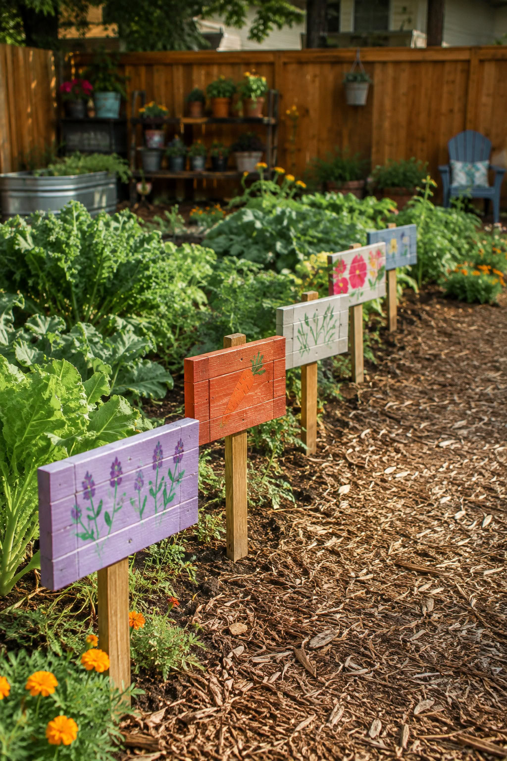 Hand-painted wooden garden signs among herbs and flowers
