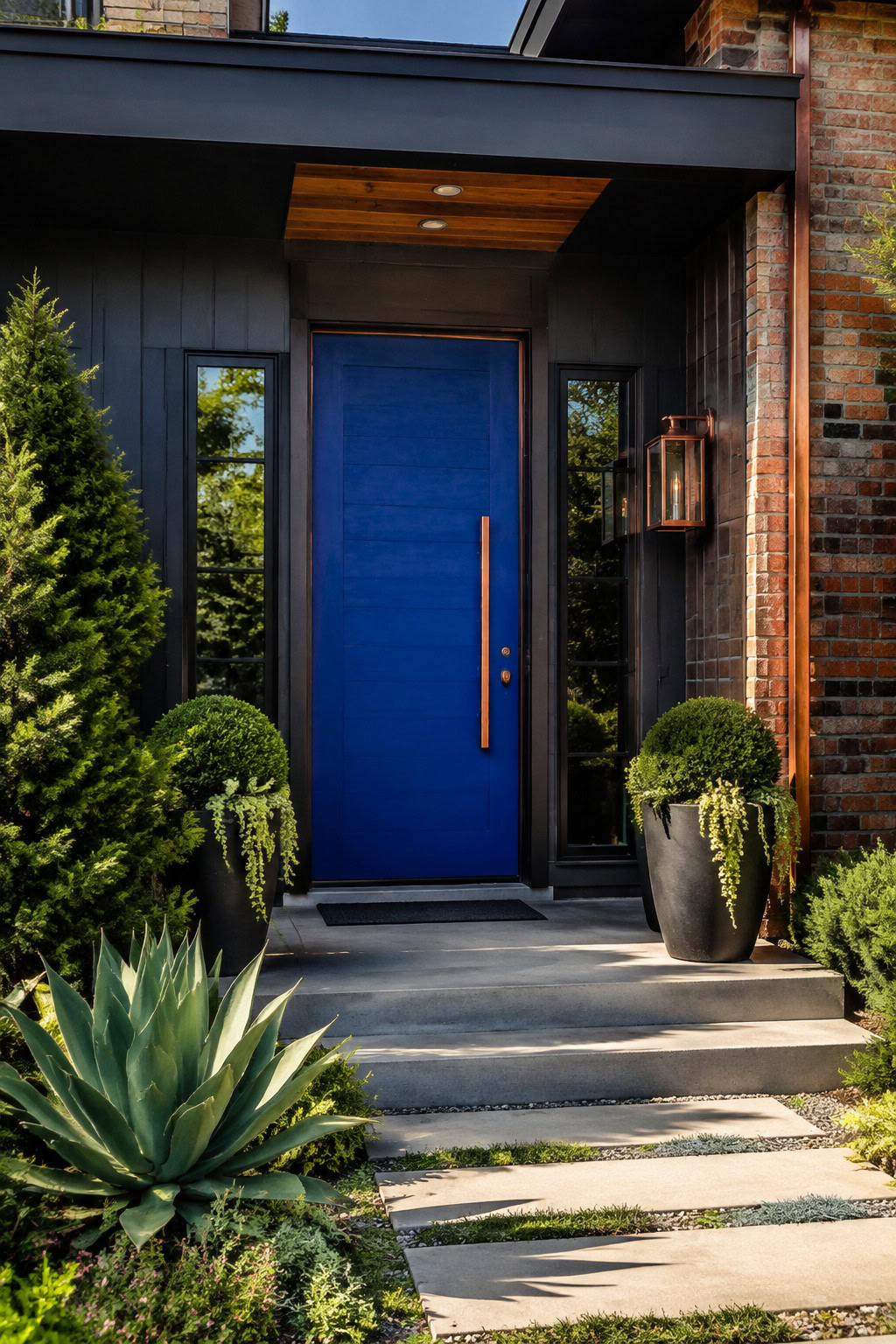 Statement cobalt-blue front door with copper hardware