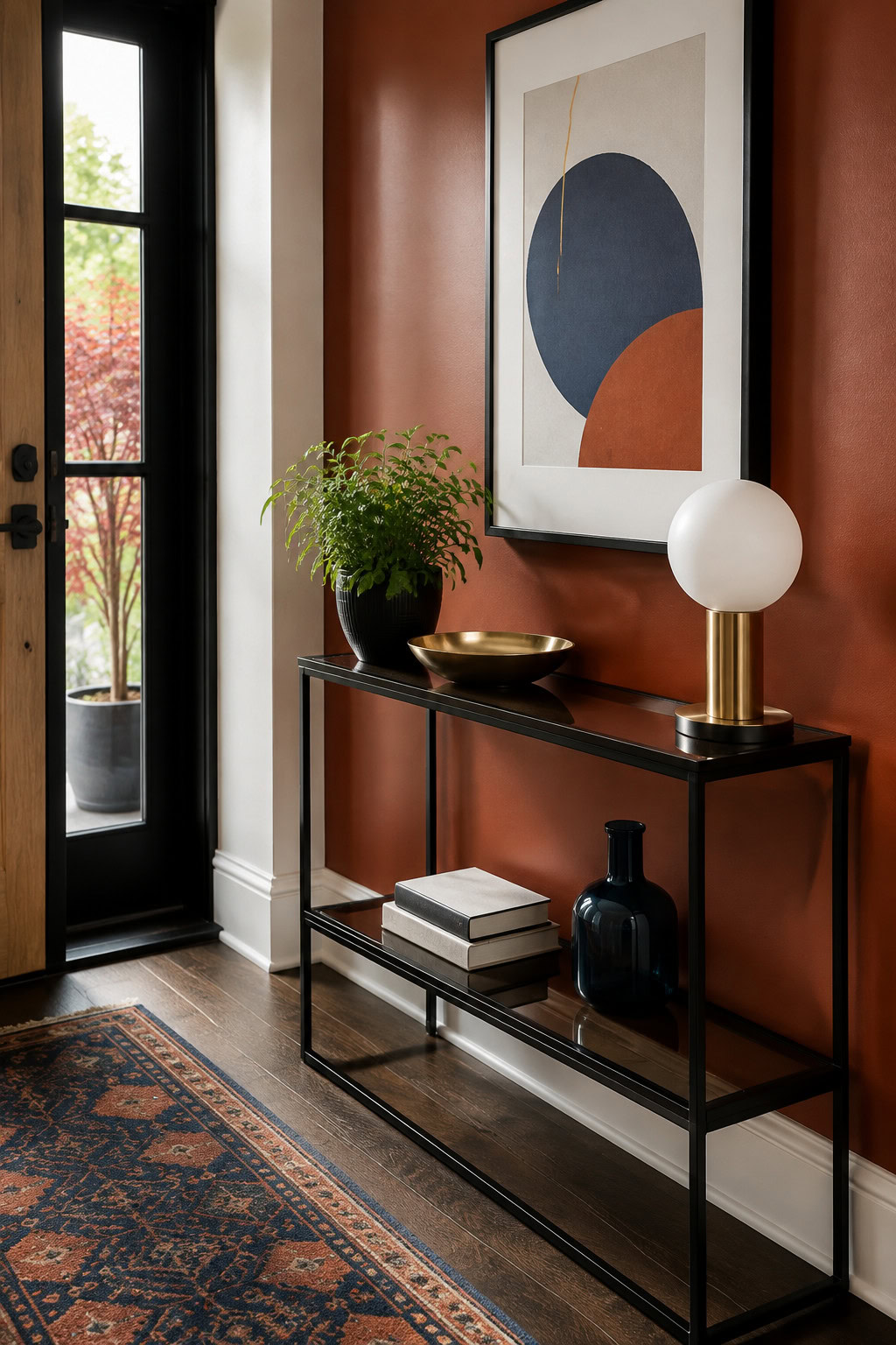 Contemporary narrow console with a slim black metal frame