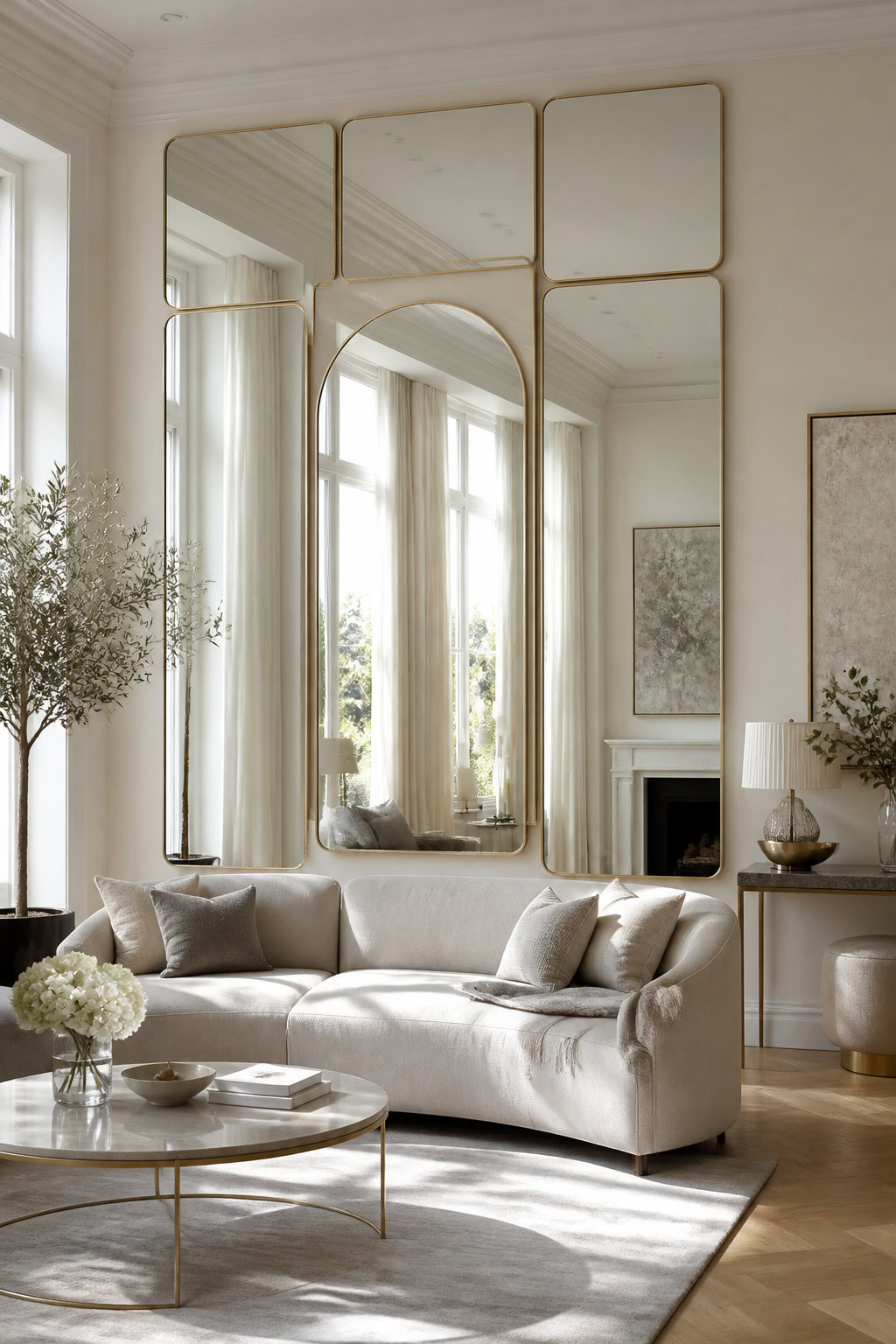 Expansive mirror display reflecting natural light