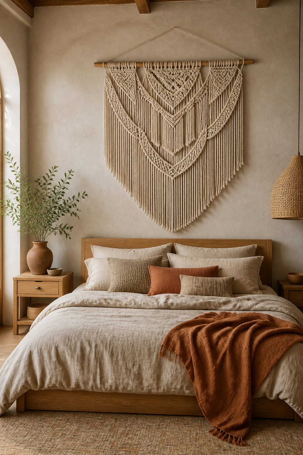 Handmade macrame wall hanging above a bed