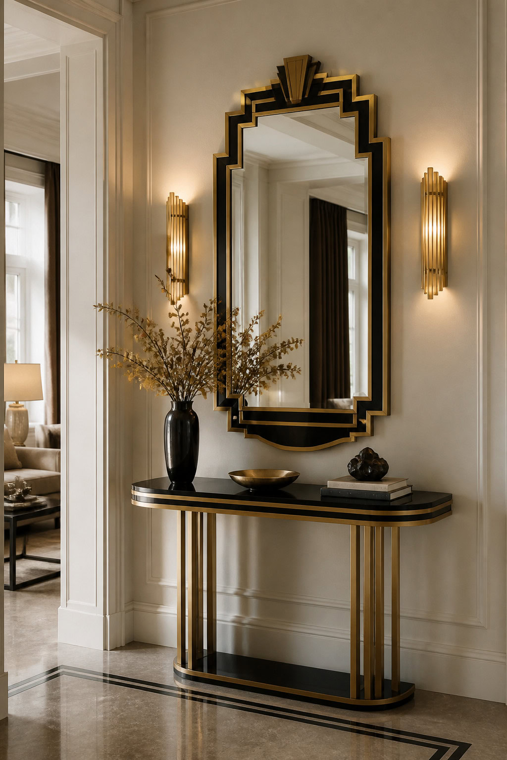 Art Deco accent mirror in an elegant foyer