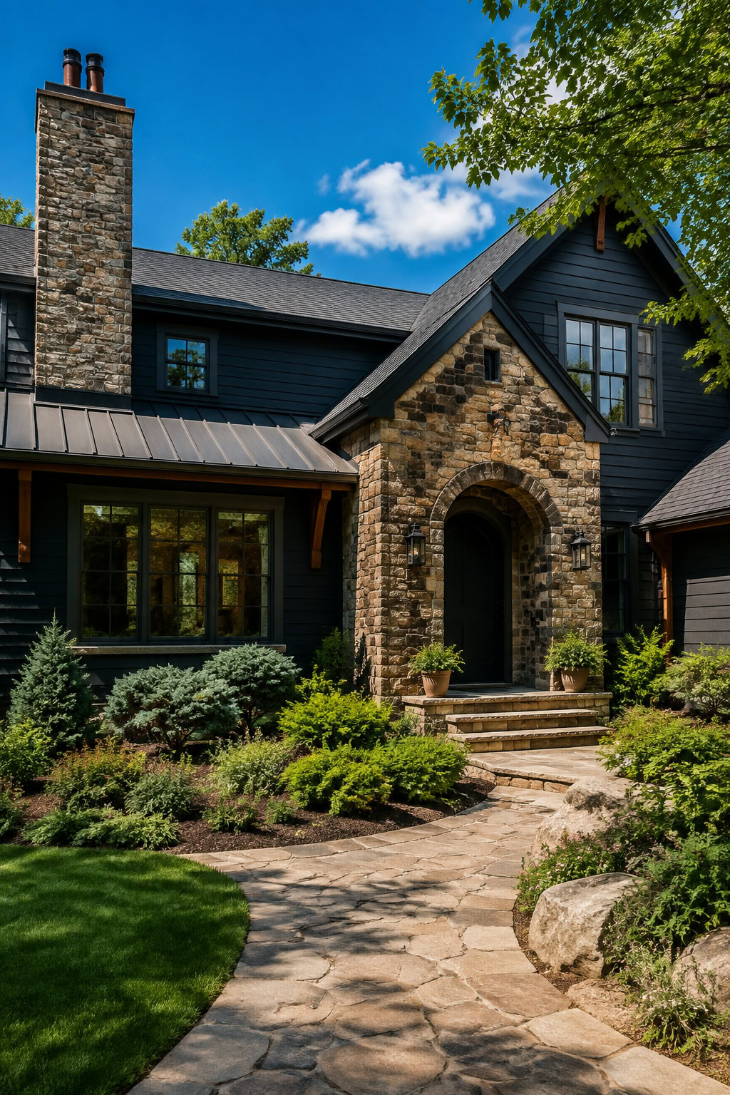 Natural stone accents on a charcoal house facade