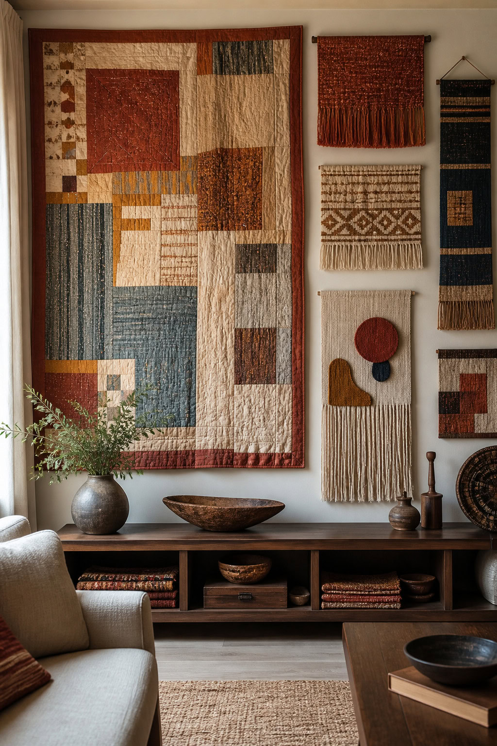 Layered textile art wall display