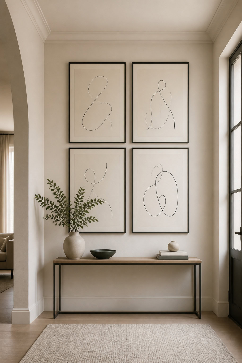 Minimalist framed line drawings in a hallway