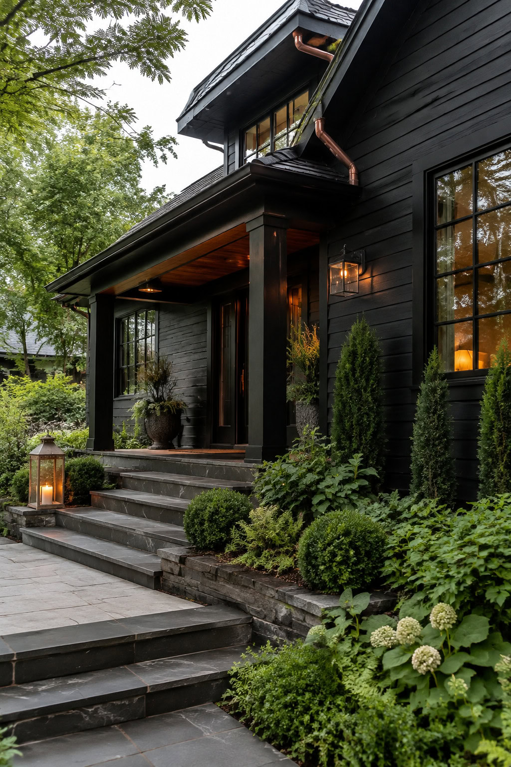 Dramatic dark house exterior with green landscaping