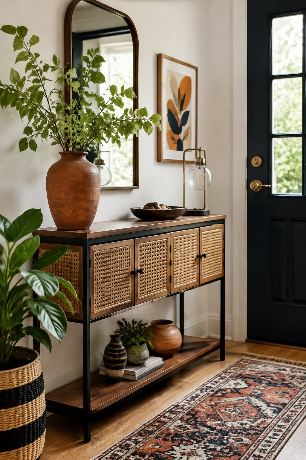 Boho-chic narrow console with woven rattan doors