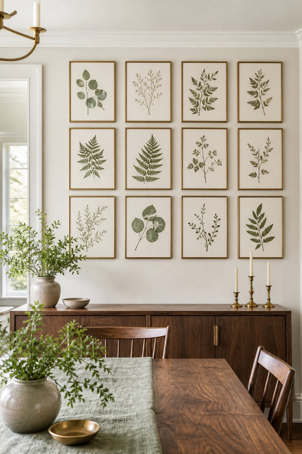 Framed botanical print gallery in a dining room