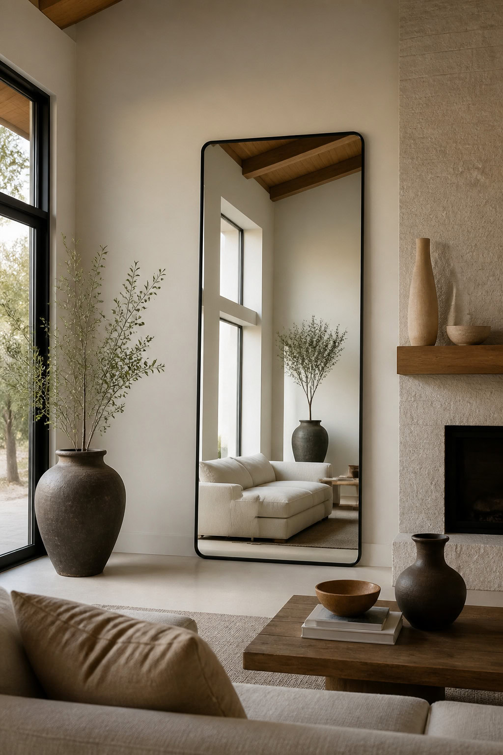 Sleek black frame mirror in a modern living room