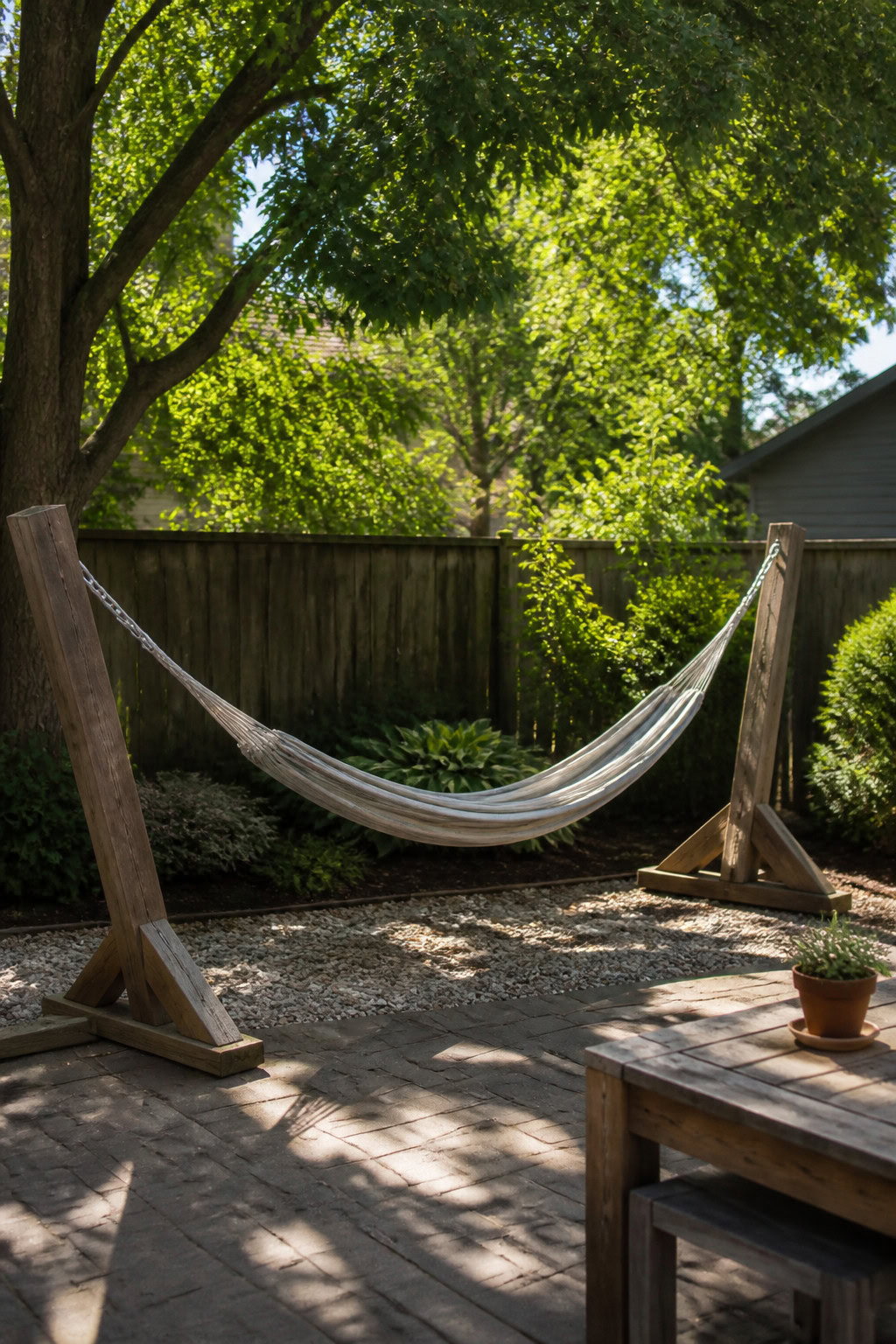 DIY reclaimed timber hammock stand in a backyard