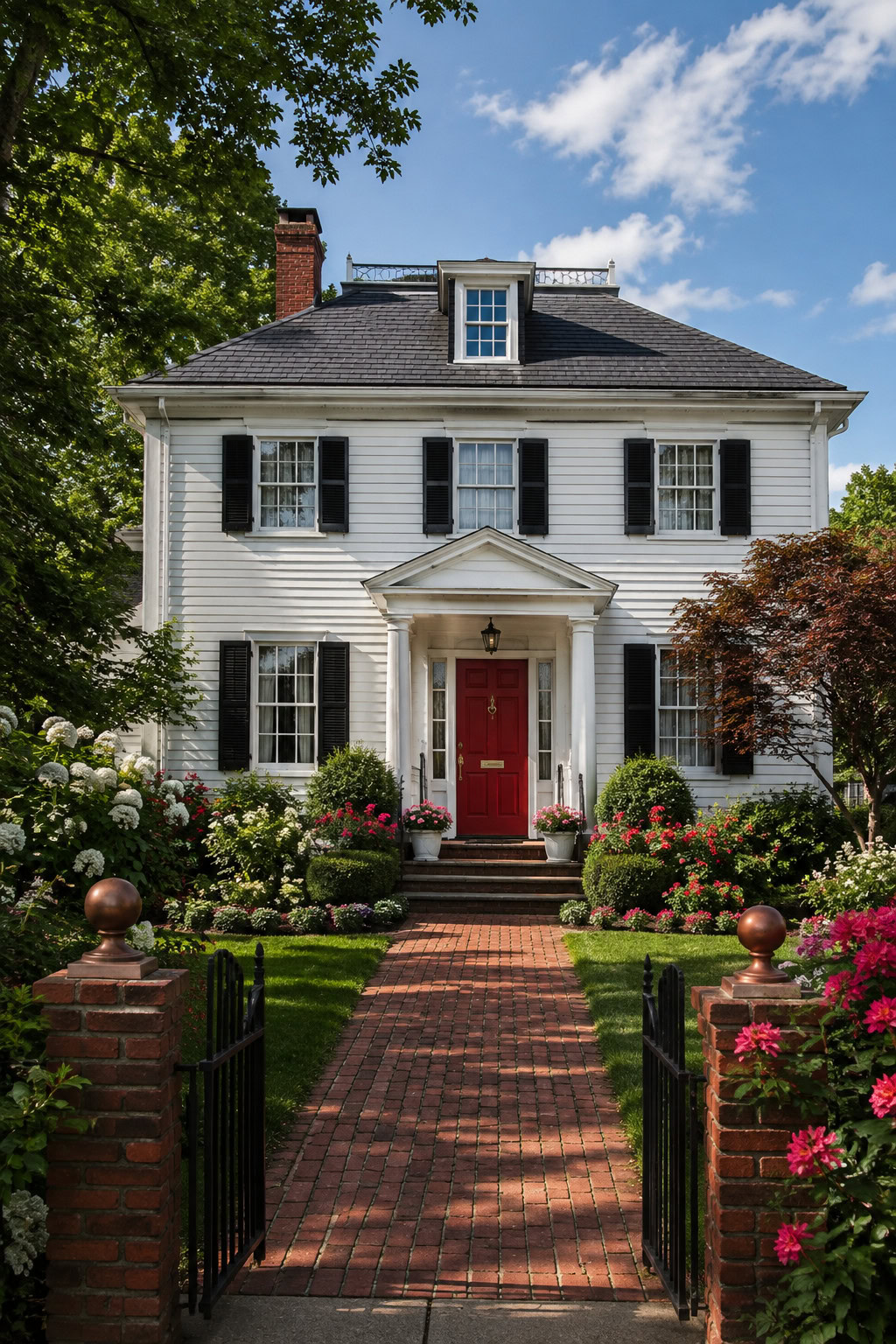 Classic white house facade with a red front door