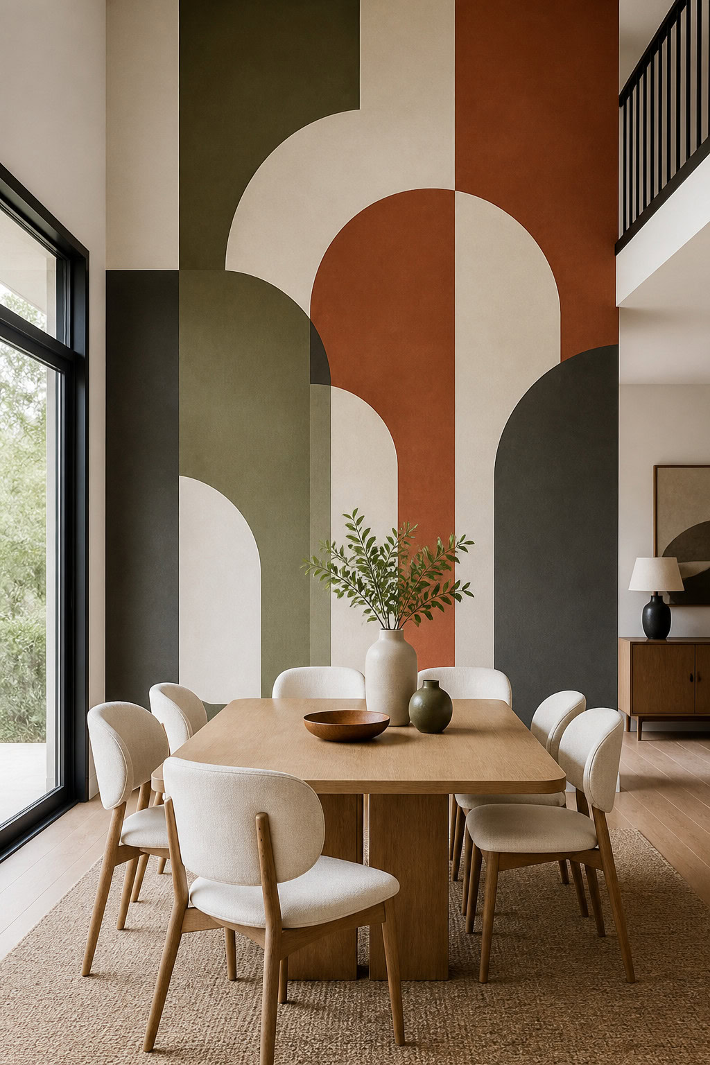 Geometric painted wall design in a modern dining room