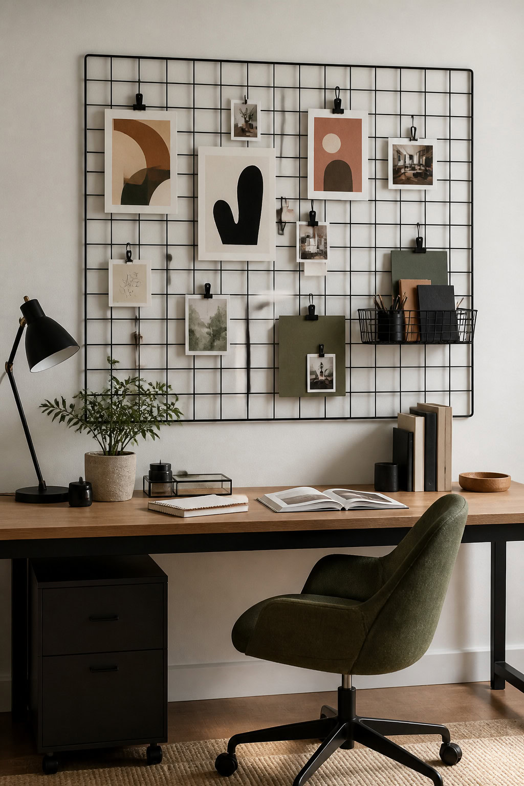 Black metal wall grid above a home office desk