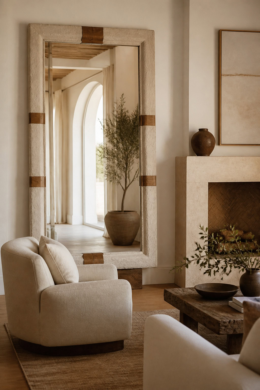 Textured frame mirror on a neutral feature wall
